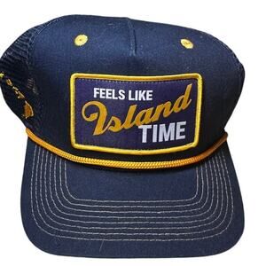 Feels Like Island Time Trucker Hat Navy Blue Yellow Mesh Snapback Cap Hawaii